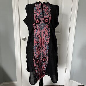 Balika Womens Black Sheath Linen Sheer Tunic India XL Embroidered Front Panel